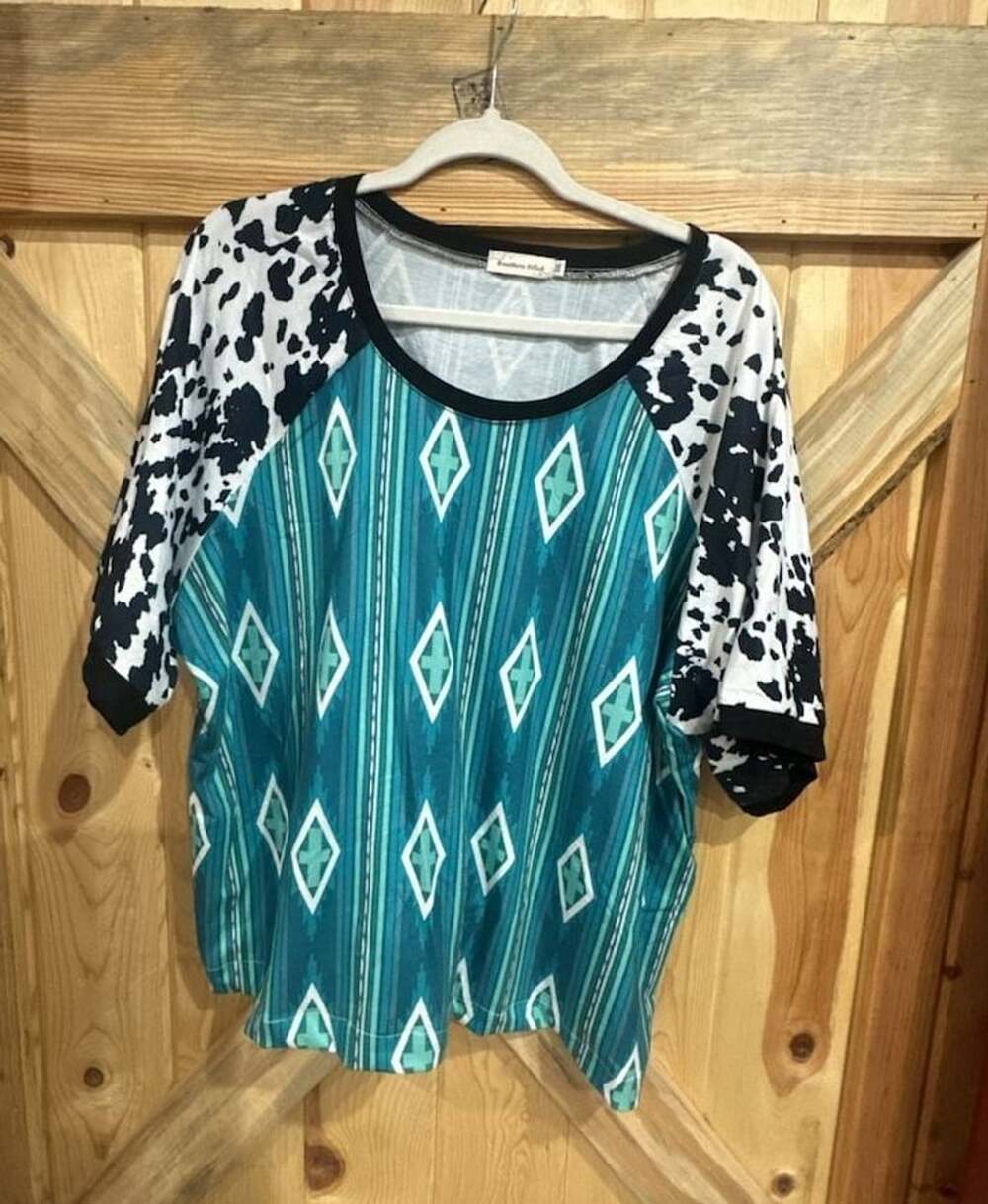 Southern Stitch Aztec Cow Print Top Size 3XL Turquoise Black